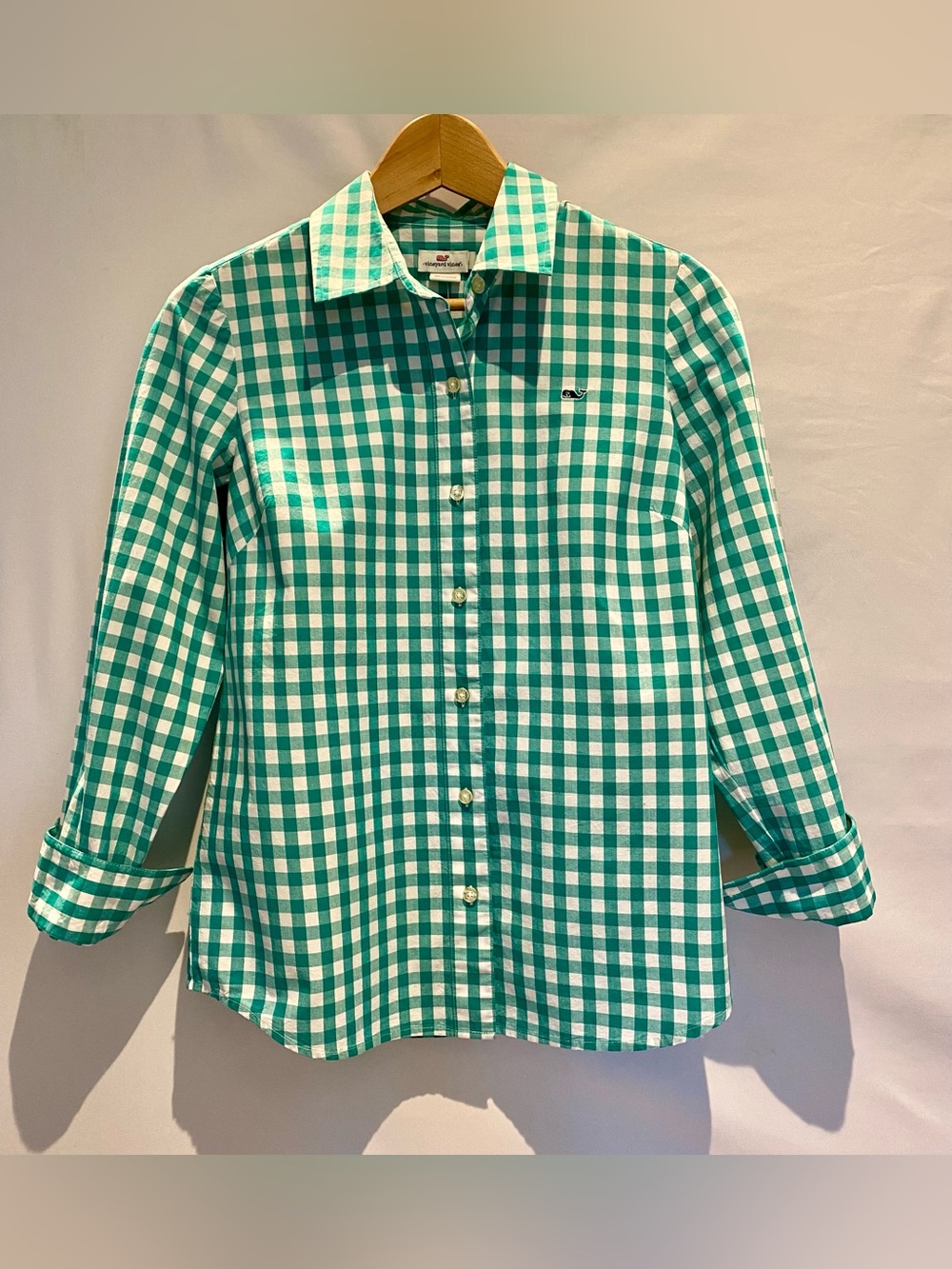 Vineyard Vines Green and White Gingham Button-Up Top, size 2, NWT